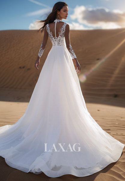 Halter Deep V-Neck Straps Off-Shoulder Long-Sleeves Applique Pleated Sheer Tulle A-Line Wedding Dress