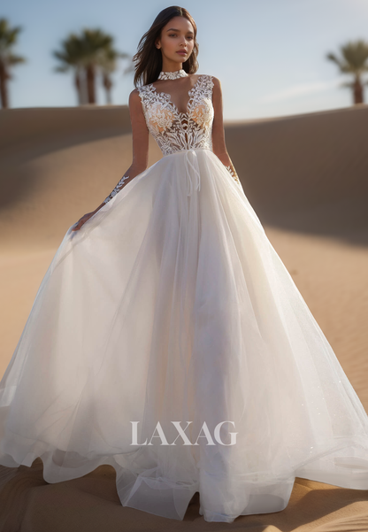 Halter Deep V-Neck Straps Off-Shoulder Long-Sleeves Applique Pleated Sheer Tulle A-Line Wedding Dress