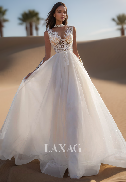 Halter Deep V-Neck Straps Off-Shoulder Long-Sleeves Applique Pleated Sheer Tulle A-Line Wedding Dress