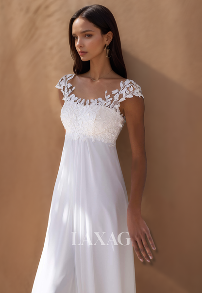 Foliage Motif Applique Scoop-Neck Cap-Sleeves Bride Gowns Pleated Chiffon A-Line Wedding Dress