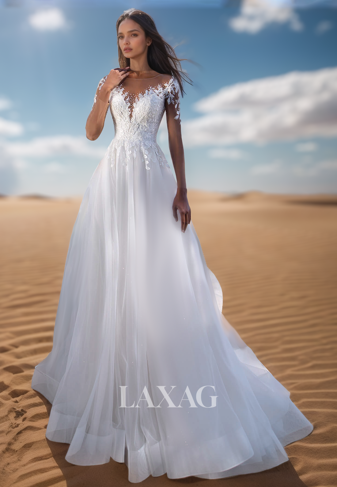 V-Neck Sheer-Long-Sleeves Tulle A-Line Wedding Dress Beaded Applique P – Laxag