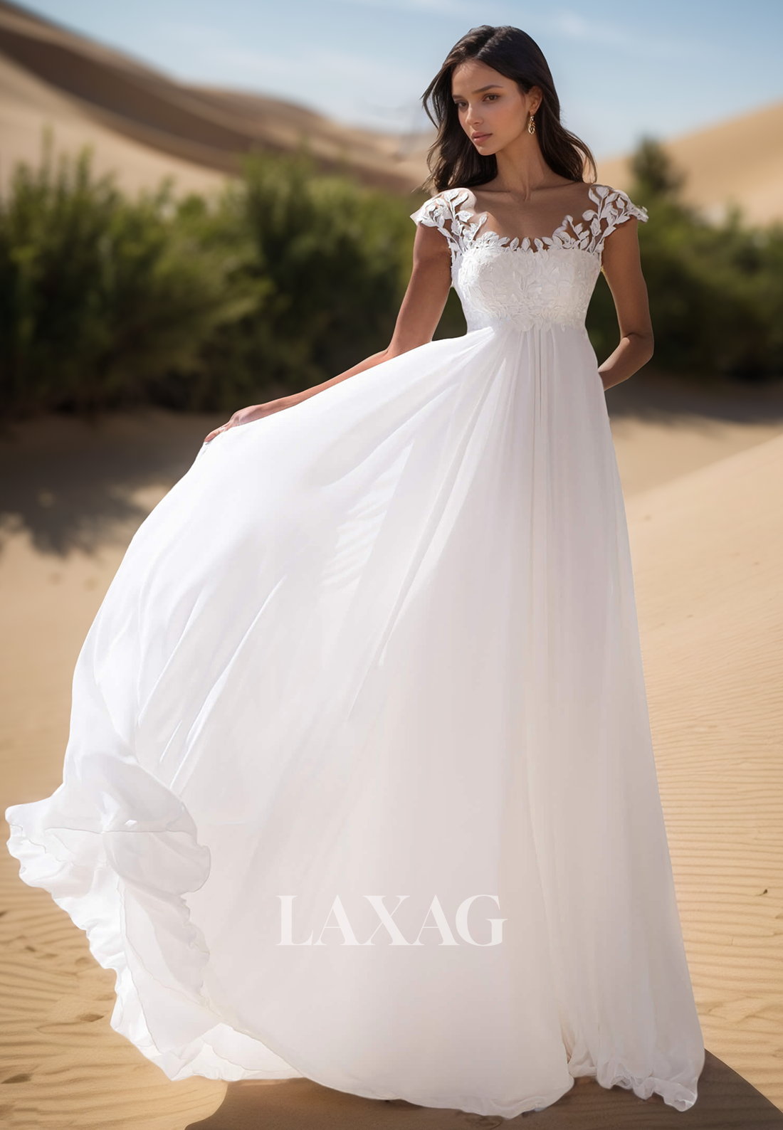 Foliage Motif Applique Scoop-Neck Cap-Sleeves Bride Gowns Pleated Chiffon A-Line Wedding Dress
