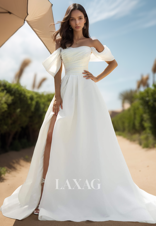 Tube Top Off-Shoulder Sleeveless A-Line Wedding Dress Beaded Pleated Satin High Slit Bride Gowns