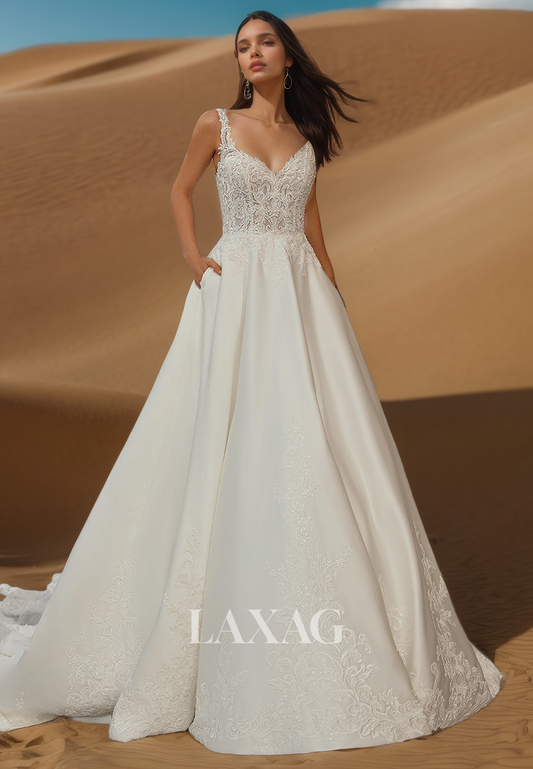 Spaghetti Straps V-Neck Sleeveless A-Line Wedding Dress Lace Applique Beads Pleated Satin Bride Gown