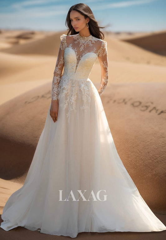 Deep V-Neck Long-Sleeves Lace Applique Pleated Sheer Tulle A-Line Wedding Dress with Train