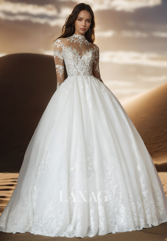 High-Neck Long-Sleeves Sheer Pleated A-Line Wedding Dress Beaded Sequined Applique Bride Gowns
