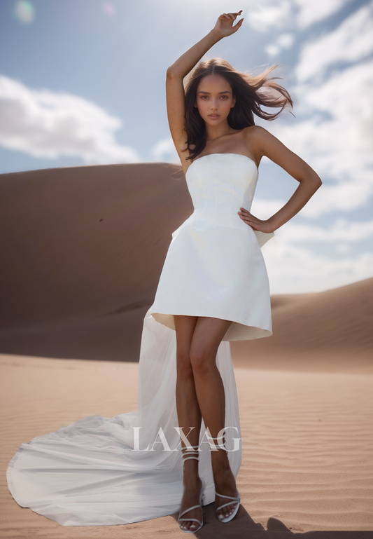 Tube Top Off-Shoulder Pleated Bride Gowns Sleeveless Short A-Line Wedding Dress with Tulle Train