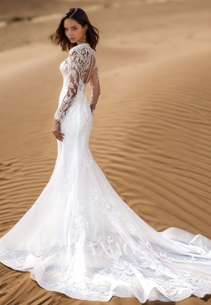High-Neck Long-Sleeves Mermaid Wedding Dress Beaded Applique Pleated Tulle Bride Gowns with Sweep Train