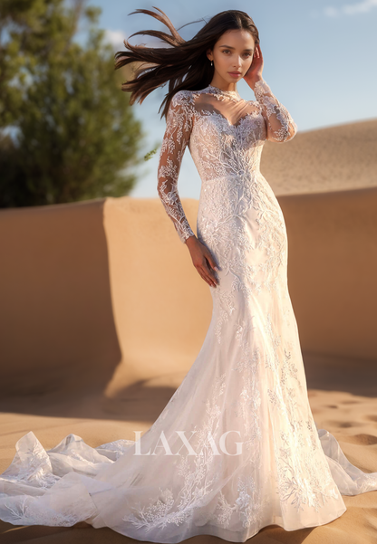 High-Neck Long-Sleeves Mermaid Wedding Dress Beaded Applique Pleated Tulle Bride Gowns with Sweep Train
