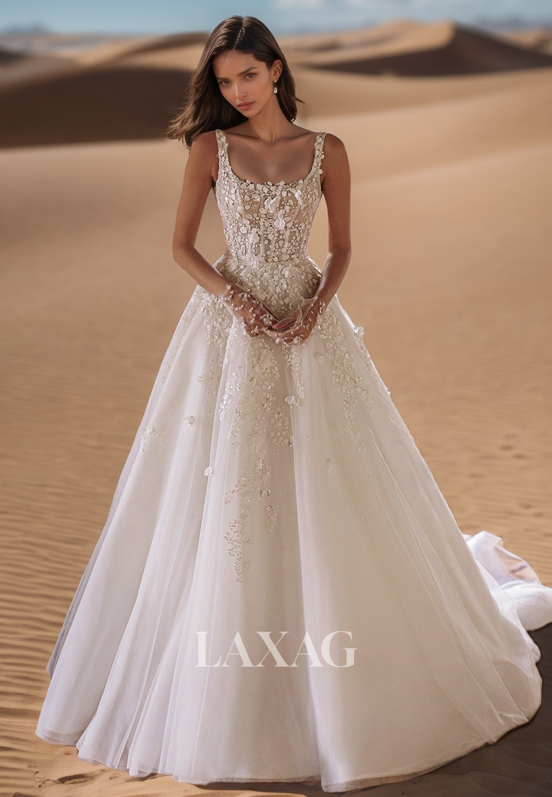 Scoop-Neck Spaghetti Straps Bride Gowns Off-Shoulder Beaded Applique P   Laxag