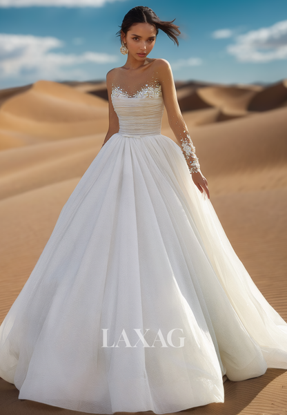 Scoop-Neck Beaded Sequined Applique Bride Gowns Long-Sleeves Glitter-Tulle Pleated A-Line Wedding Dress Scoop-Neck Beaded Sequined Applique Bride Gowns Long-Sleeves Glitter-Tulle Pleated A-Line Wedding Dress