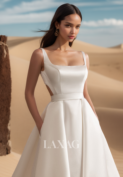 Straps Square-Neck Sleeveless Bride Gowns Off-Shoulder Pleated A-line Wedding Dress with Black Gloves