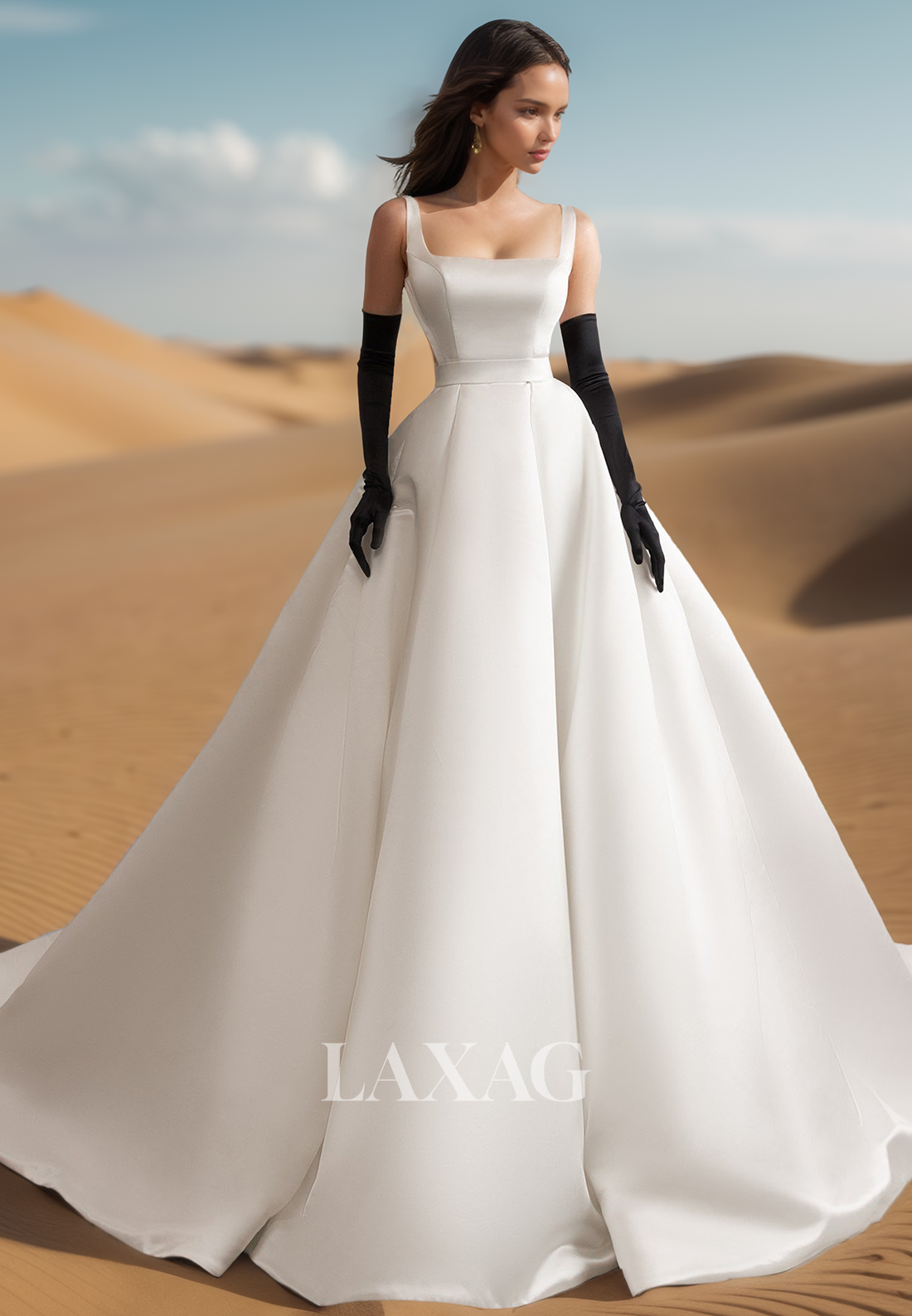 Straps Square-Neck Sleeveless Bride Gowns Off-Shoulder Pleated A-line Wedding Dress with Black Gloves