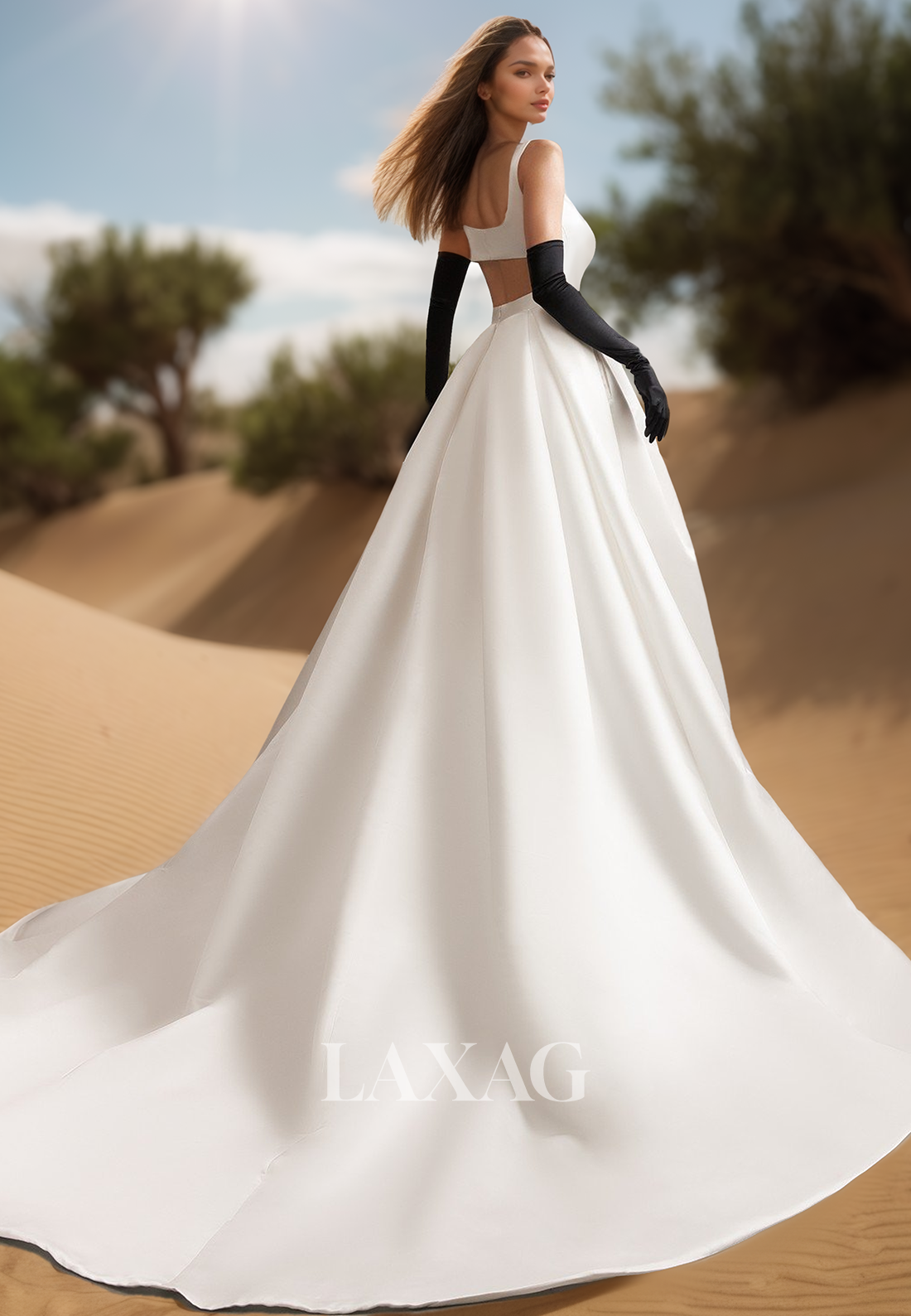 Straps Square-Neck Sleeveless Bride Gowns Off-Shoulder Pleated A-line Wedding Dress with Black Gloves