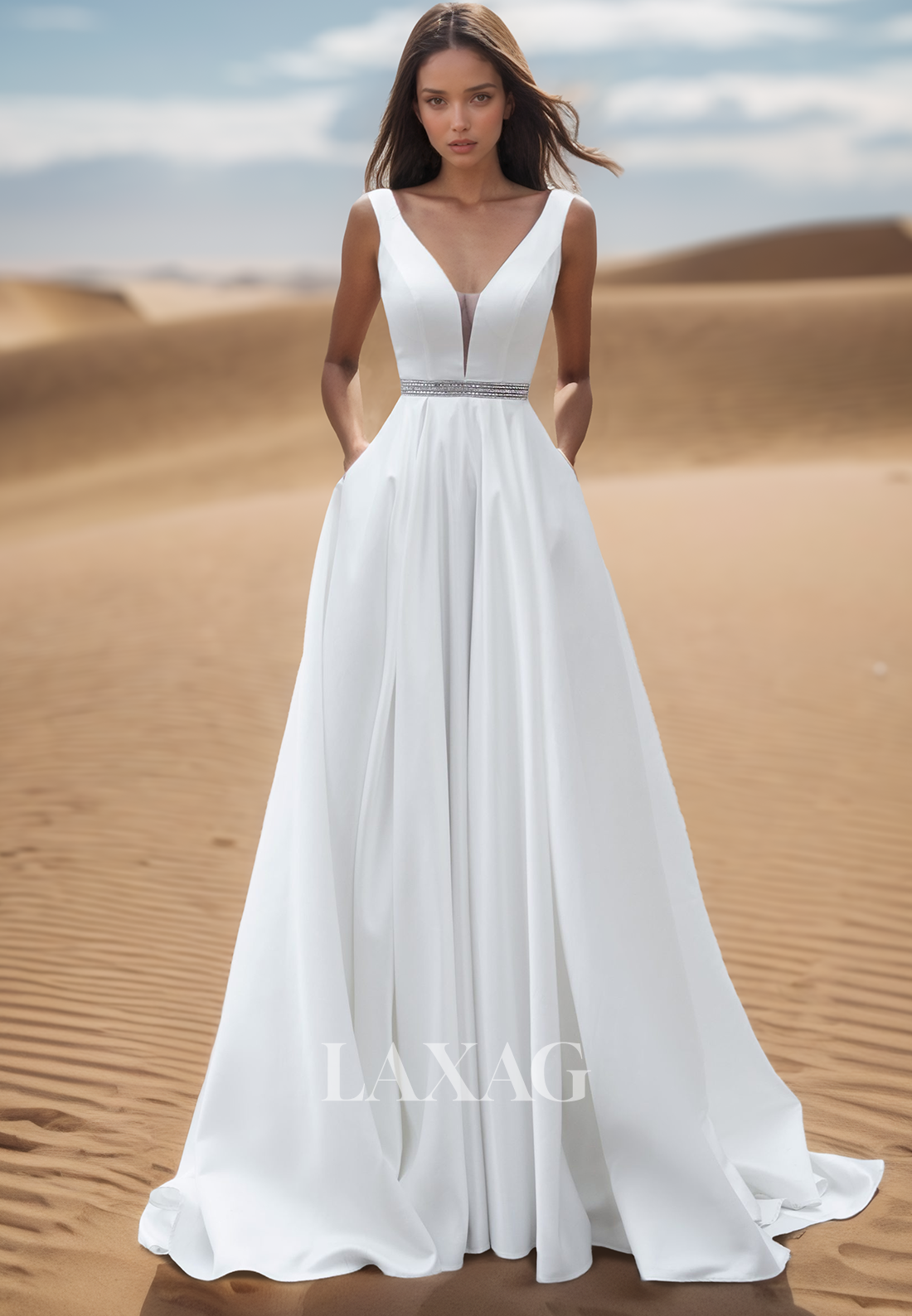 A-Line Deep V-Neck Straps Sleeveless Wedding Gowns Off-Shoulder Beaded Laxag A-Line Deep V-Neck Straps Sleeveless Wedding Gowns Off-Shoulder Beaded Laxag