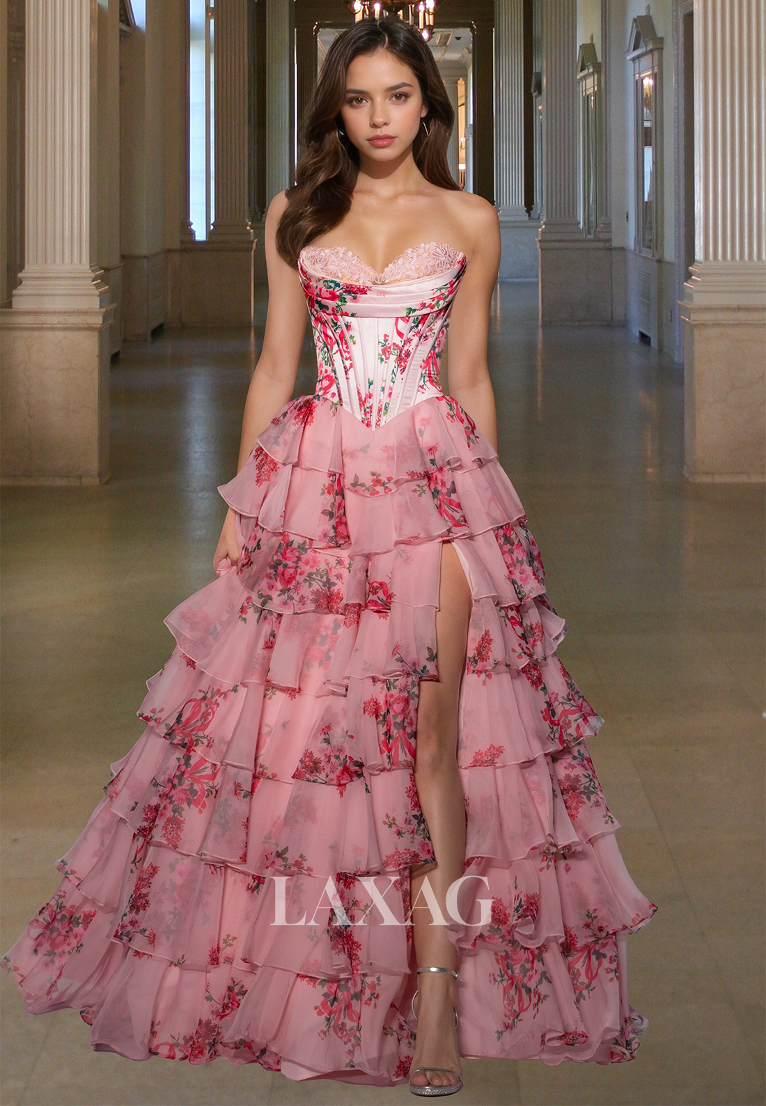 Sweetheart Sleeveless Floral Tiered A-line Prom Dress Off-Shoulder Pleated High Slit Party Gowns