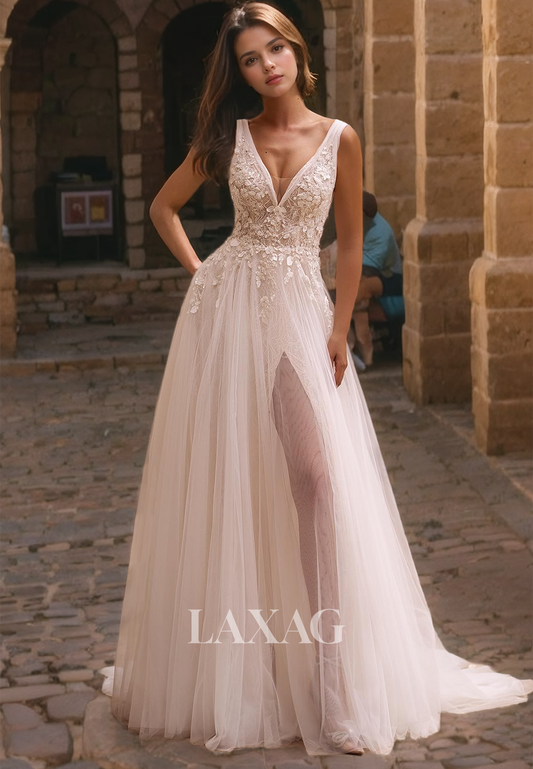 Princess V-Neck Sleeveless Flower Applique Lace Tulle A-Line Wedding Dress