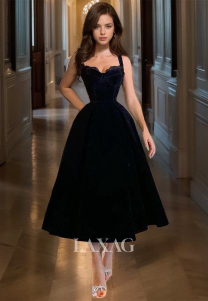 Sweetheart Black Velvet Prom Dress A-Line  Sleeveless Tea-Length Long Party Gown