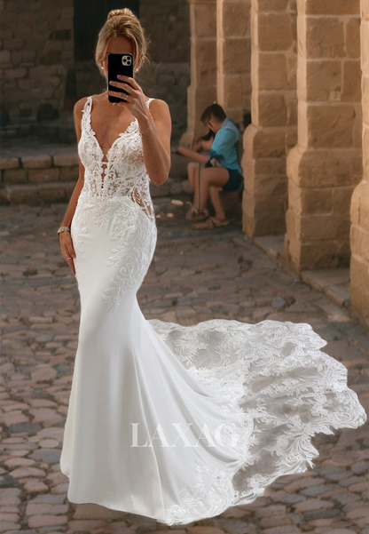 Princess Cathedral Train Sleeveless V-Neck Trumpet&Mermaid Applique Top Satin Wedding Dress