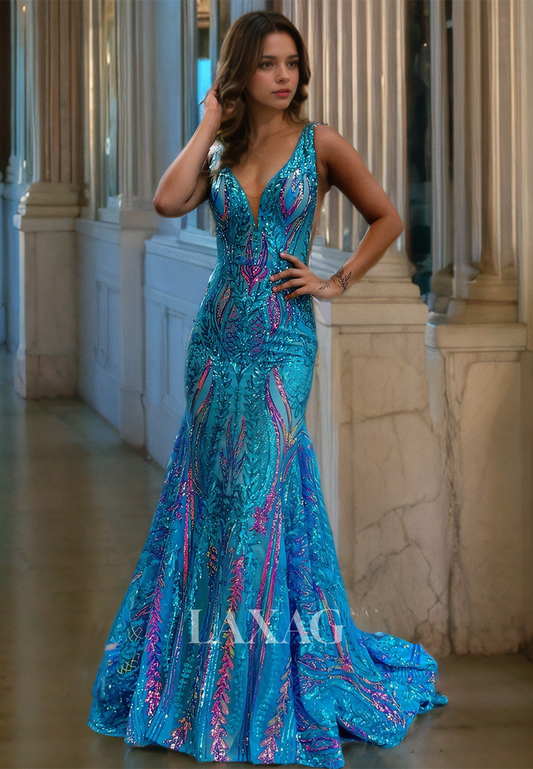 Deep V-Neck Spaghetti Straps Mermaid Prom Dress Fully Sequins Sweep Train Party Gowns