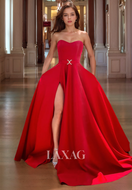 Sweetheart Strapless A-Line High Slit Sleeveless Red Long Formal Party Prom Dress