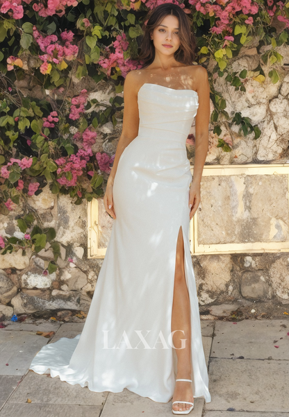 High Slit  Sweetheart Sleeveless Pleated Satin A-Line Strapless Wedding Dress