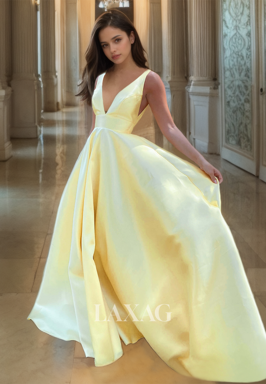 Long Daffodil Party Gown  A-Line Low-V-Neck Sleeveless Floor-Length Prom Dress