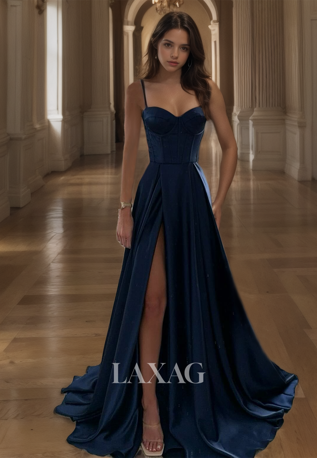 Sweetheart Sleeveless Pleated Satin Party Gowns Spaghetti Straps High Slit A-Line Prom Dress