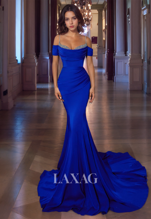 Classy Sweetheart Royal Blue Trumpet&Mermaid Off Shoulder Bead Satin Spaghetti Straps Long Cocktail Prom Dress