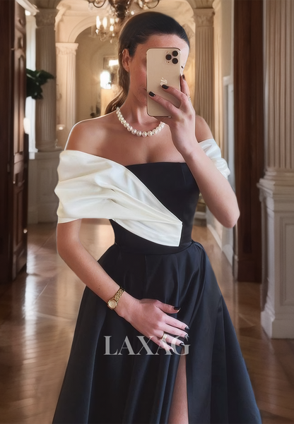 A-Line Off Shoulder Square Sleeveless Pleated Satin Evening Prom Dress