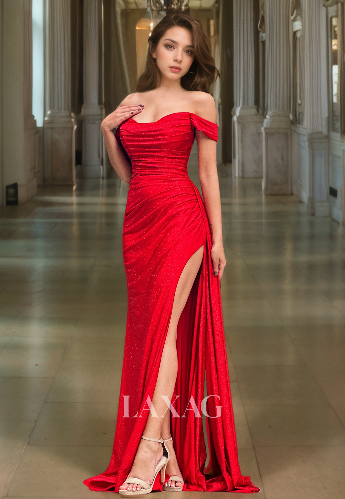 Sleeveless Sweetheart Glitter-Knit Prom Dress Pleated Sweep Train High Slit Formal Gowns