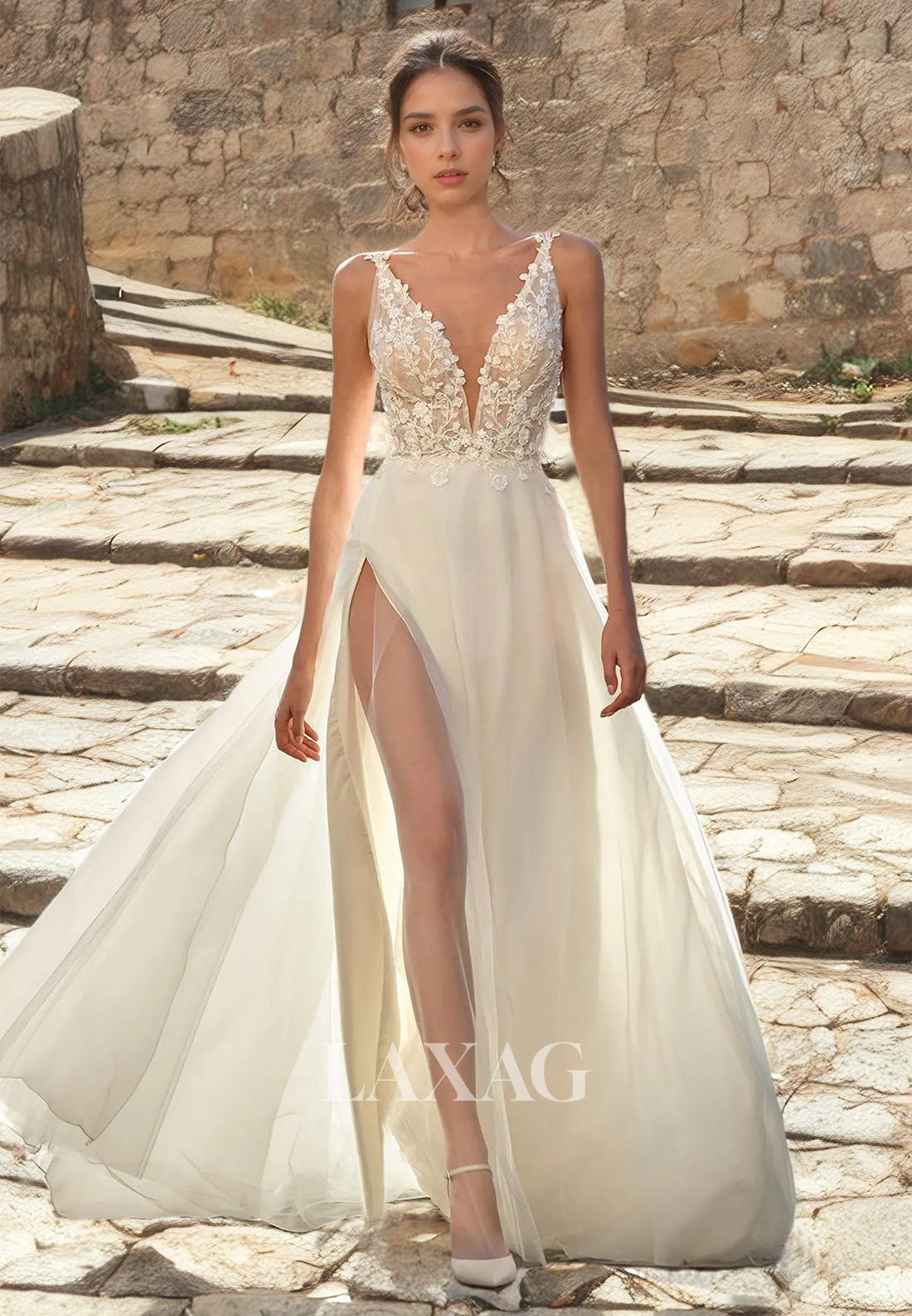 A-Line Deep V-Neck Beach Wedding Dress Spaghetti Straps Floor-Length Boho Dress with Lace Appiques