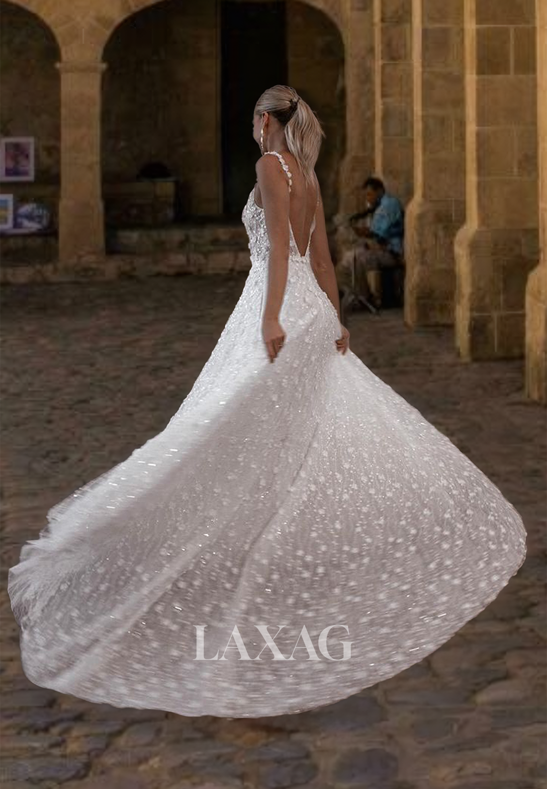 V-Neck Spaghetti Straps Sleeveless Allover Glitter Lace A-Line Wedding Dress with Sweep Train