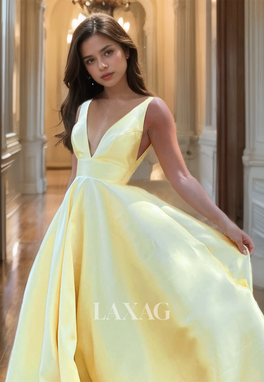 Long Daffodil Party Gown  A-Line Low-V-Neck Sleeveless Floor-Length Prom Dress