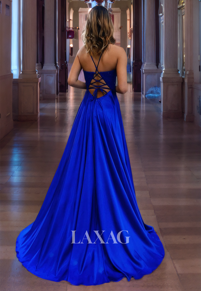 Royal Blue Formal Long Dress A-Line V-Neck Appique Top High Slit Prom Dress