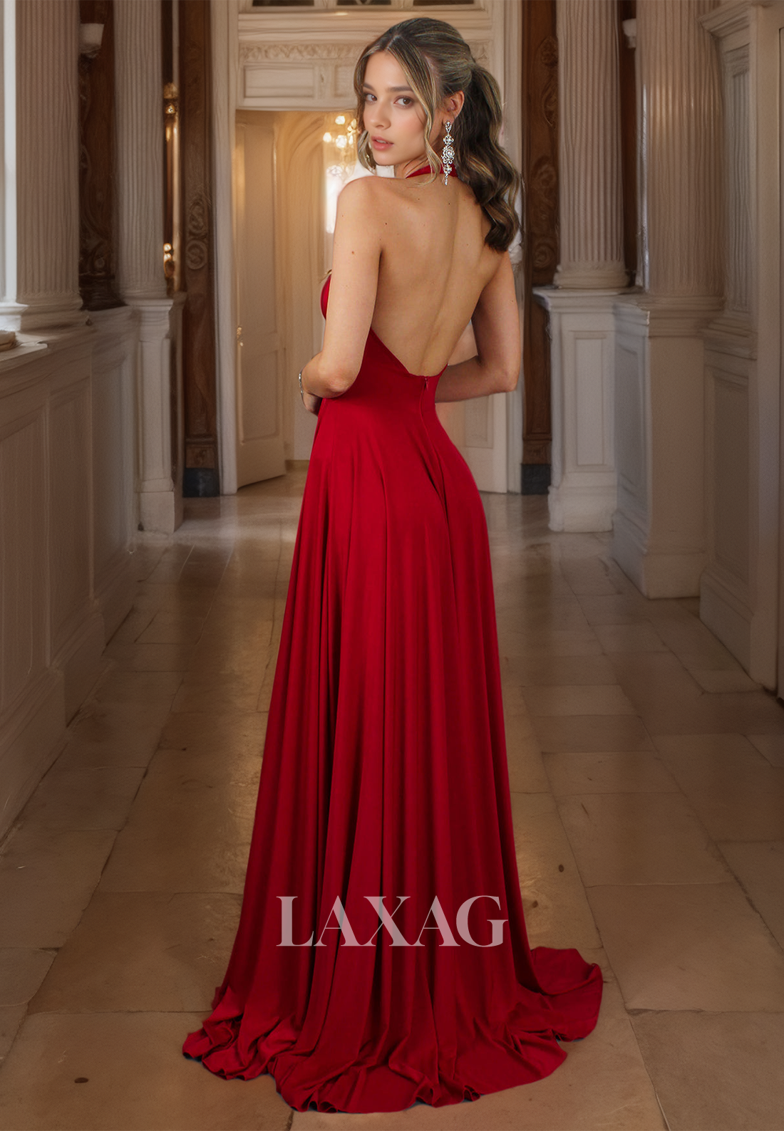 A-line Red Long Prom Dress Low-V-Neck Backless Halter Evening Dress with Slit