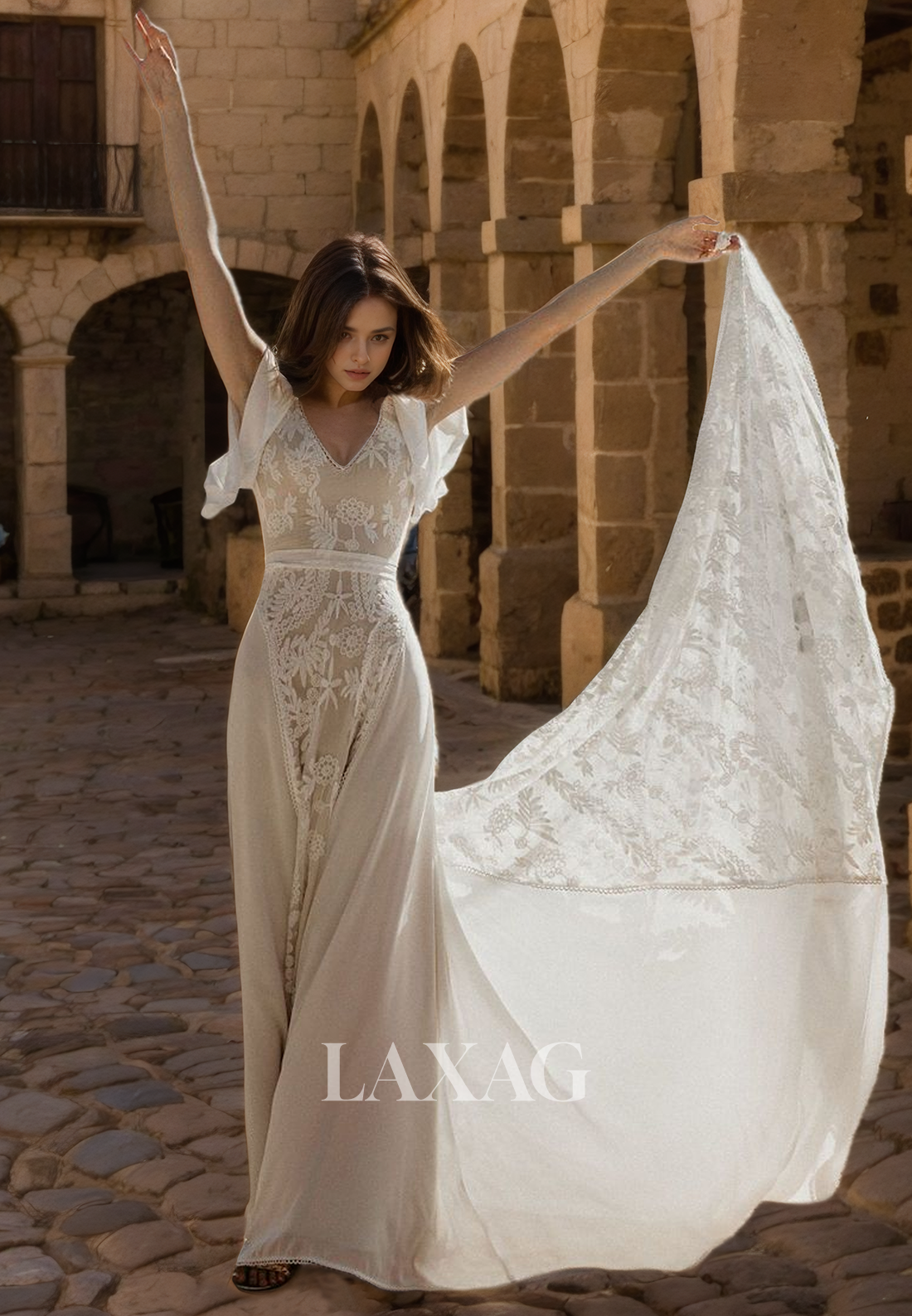 V-Neck Short-Sleeves Lace A-Line Wedding Dress Backless Chiffon Bride Gowns with Sweep Train