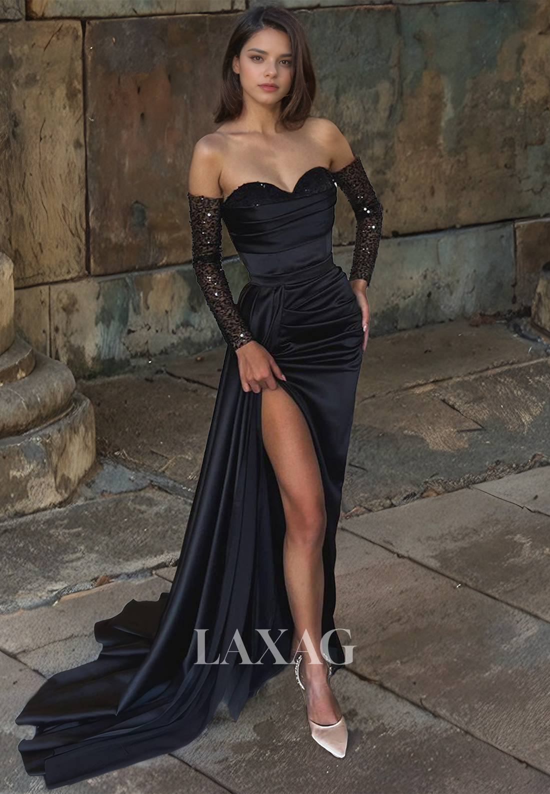 Sheath&Column High Slit Pleated Satin Sweetheart Formal Prom Dress with Long Sequin&Lace Sleeves