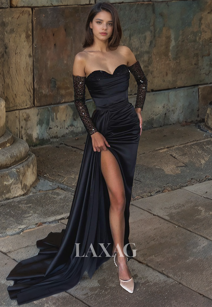 Sheath&Column High Slit Pleated Satin Sweetheart Formal Prom Dress with Long Sequin&Lace Sleeves