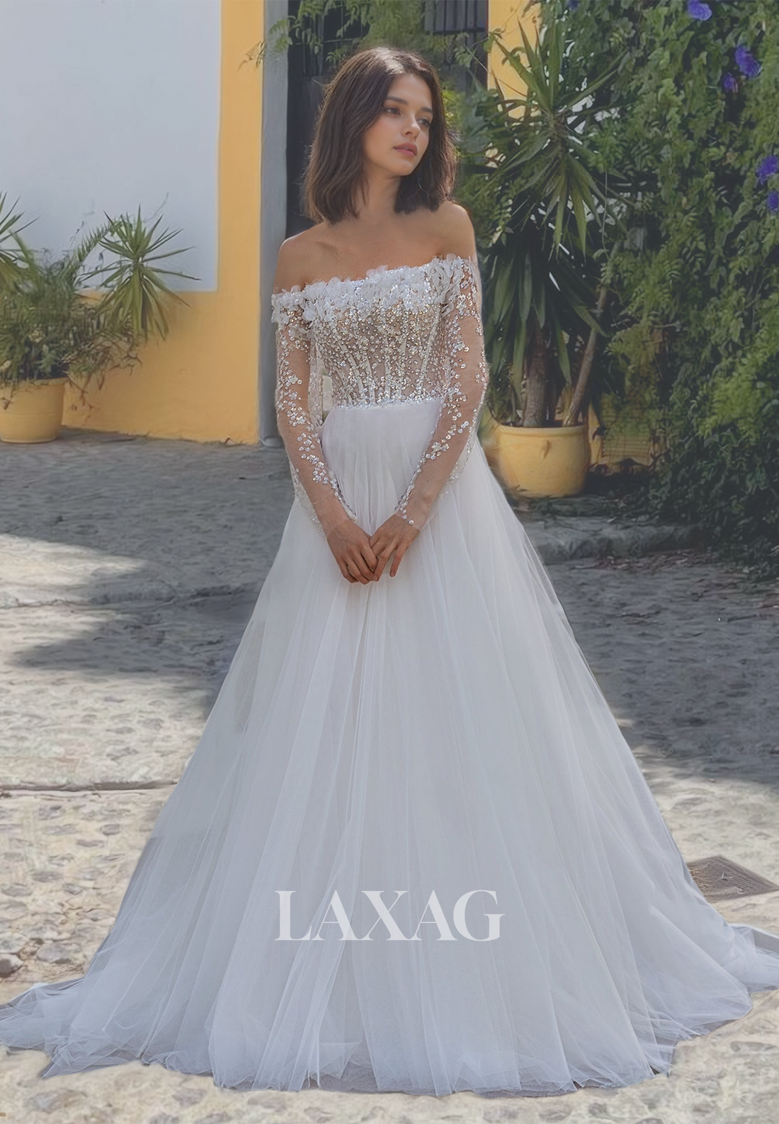 Tube Top Long Sleeves Illusion Cutout A-Line Bridal Dress Beaded and Applique Tulle Wedding Dress