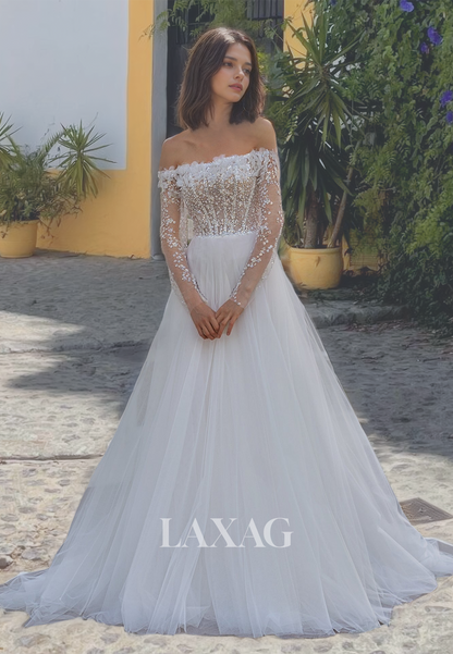 Tube Top Long Sleeves Illusion Cutout A-Line Bridal Dress Beaded and Applique Tulle Wedding Dress