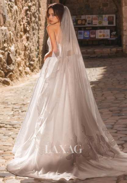 Romantic  Appique Top A-Line Strapless Court Train Tulle Wedding Dress