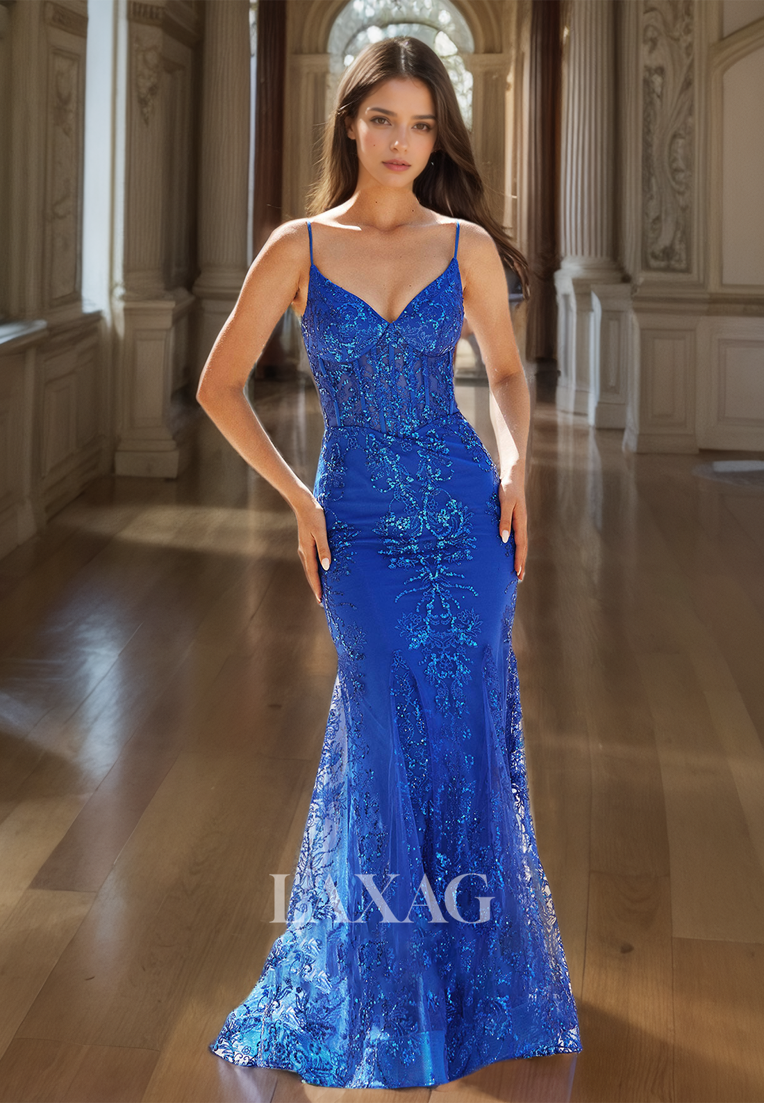 Glitter Lace Spaghetti Straps Formal Gowns V-Neck Sleeveless with Train Mermaid Prom Dress