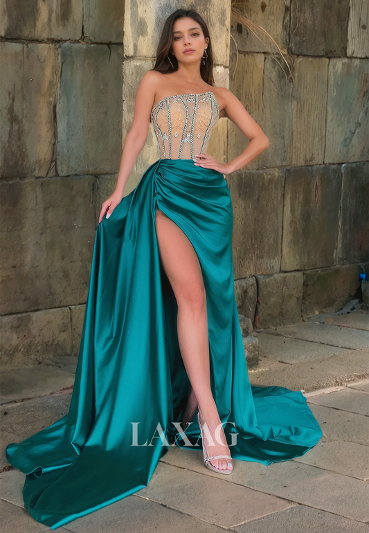 Asymmetrical Tube Top Sleeveless Beaded A-Line High Slit Formal Prom Dress with Sweep Train