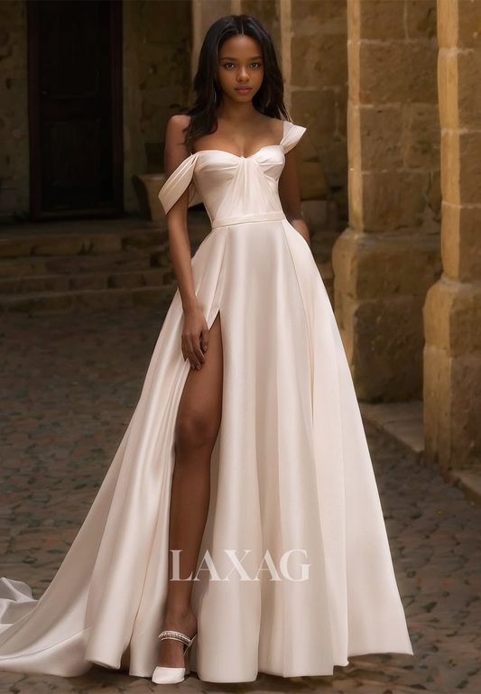 Sweetheart Straps Sleeveless A-Line Wedding Dress Pleated High Slit Sweep Train Bride Gowns