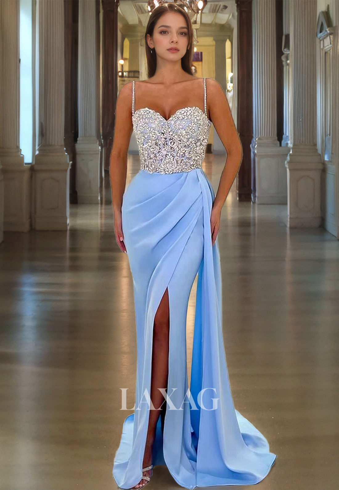 Sweetheart Beads Mermaid Cocktail Dress With Slit Luxurious Sweep Train Prom Dress