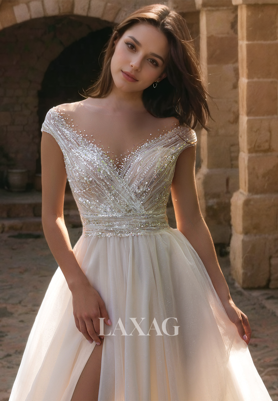 Fairytale V-Neck Sleeveless High Slit Tulle Sequin A-Line Wedding Dress