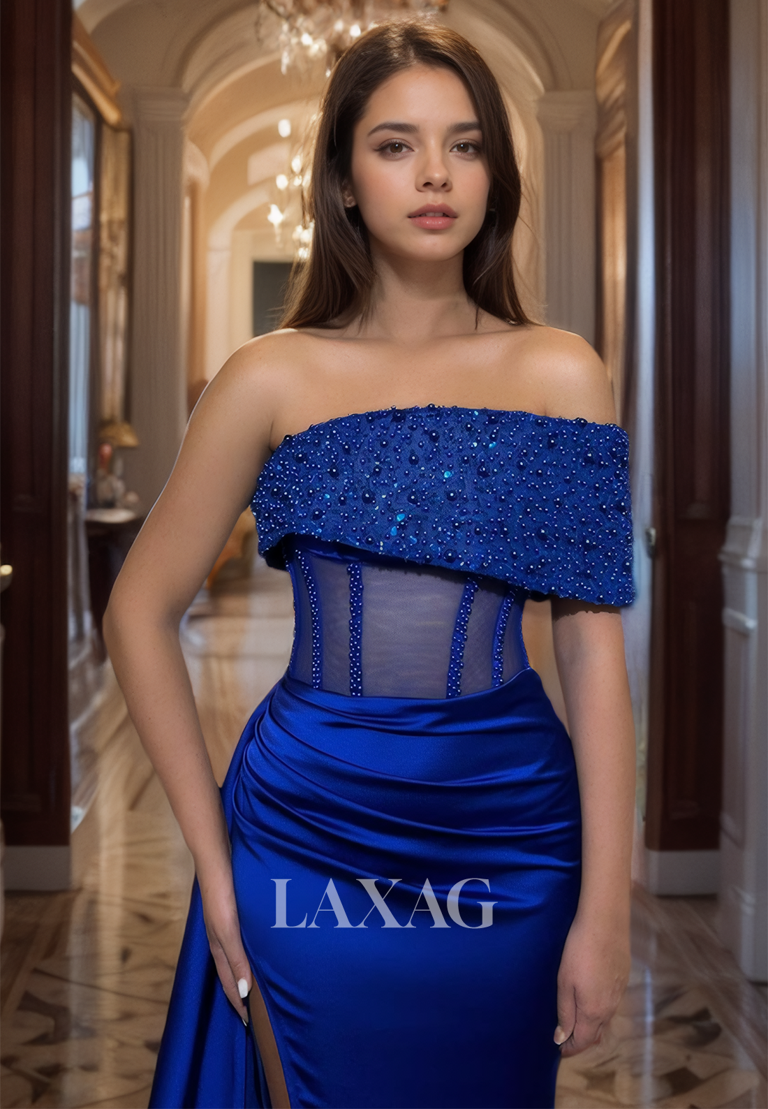 Inspiration Royal Blue Party Gown Sheath&Column Beaded One Shoulder  Prom Dress