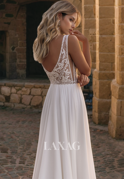 Boho V-Neck  Sleeveless A-Line Applique Satin Beach Wedding Dress Sweep Train