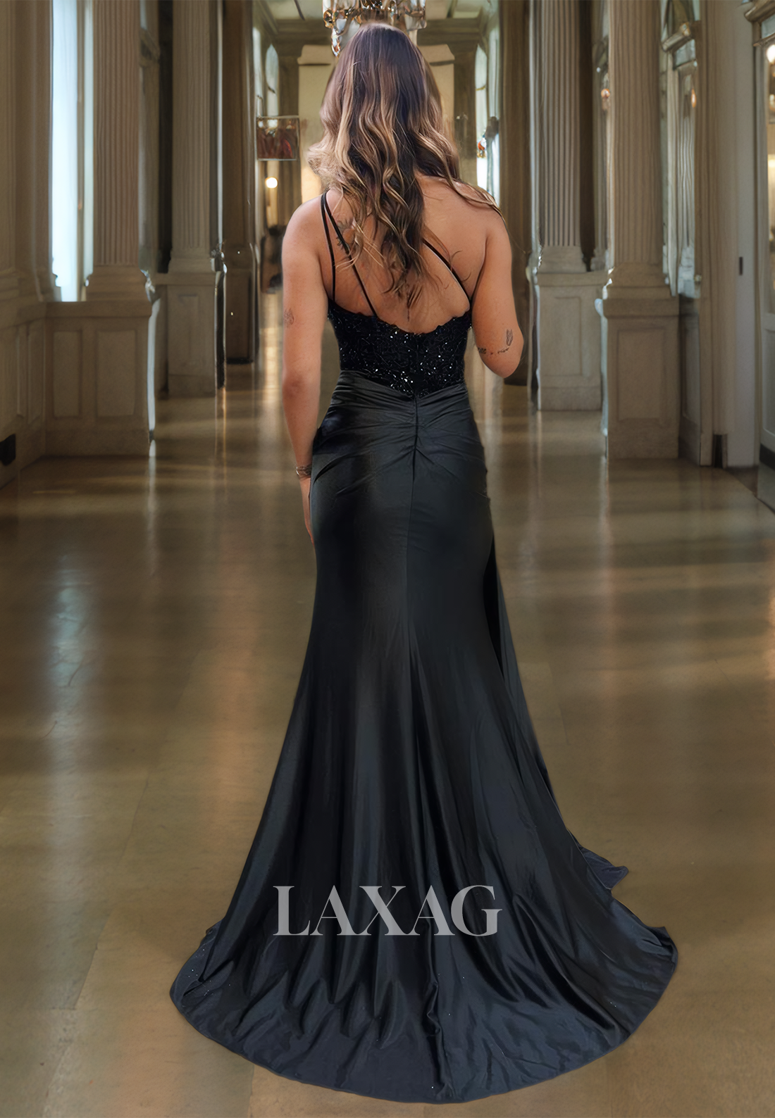 Asymmetrical-Neck One-Strap Fitted Evening Dress Beaded Pleated Cutout Slit with Train Prom Dress